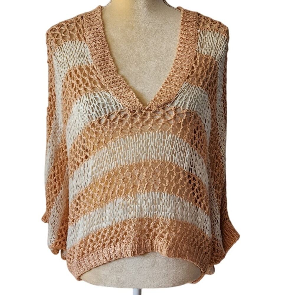 Irene's Story Open Knit Crochet Beachy Poncho Sweater Peach White Small